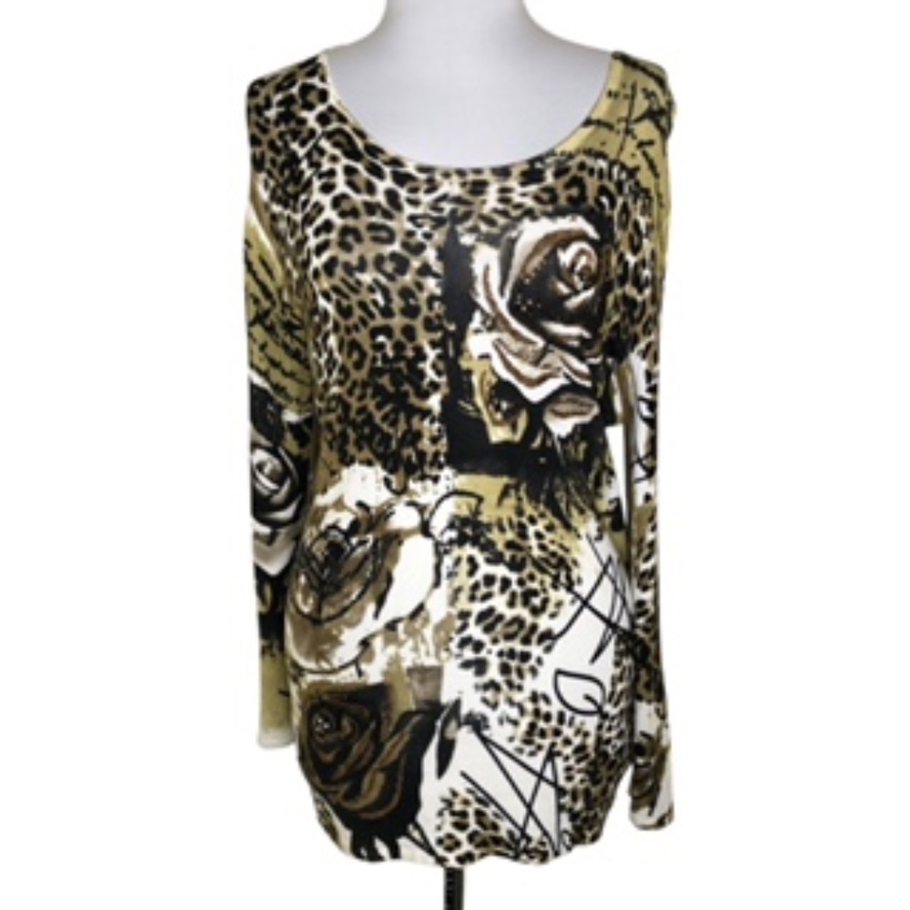 Linea Blu Scoop Neck Floral & Animal Print Beaded Women's Tunic Size M